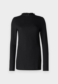 Black long-sleeve top with a textured finish, featuring a scalloped neckline and minimalistic design. Smooth fabric; no visible hardware or patterns.