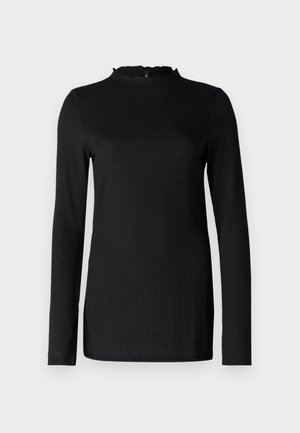 Juodas ilgomis rankovėmis viršus su tekstūruota apdaila, turintis banginį iškirpimą ir minimalistišką dizainą. Lygaus audinio; be matomų detalių ar raštų.