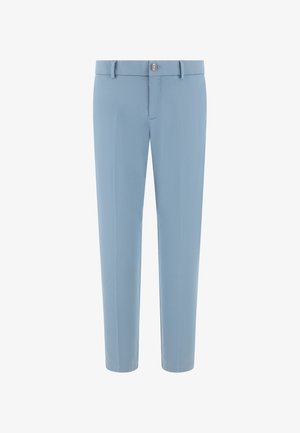 Lyseblå skræddersyede bukser med bæltestropper, forreste knap og lynlås, med et slankt, lige ben-cut.