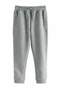Pantalones de chándal grises hechos de una tela suave, con una cintura elástica con cordón, dos bolsillos laterales y puños de canalé en los tobillos.
