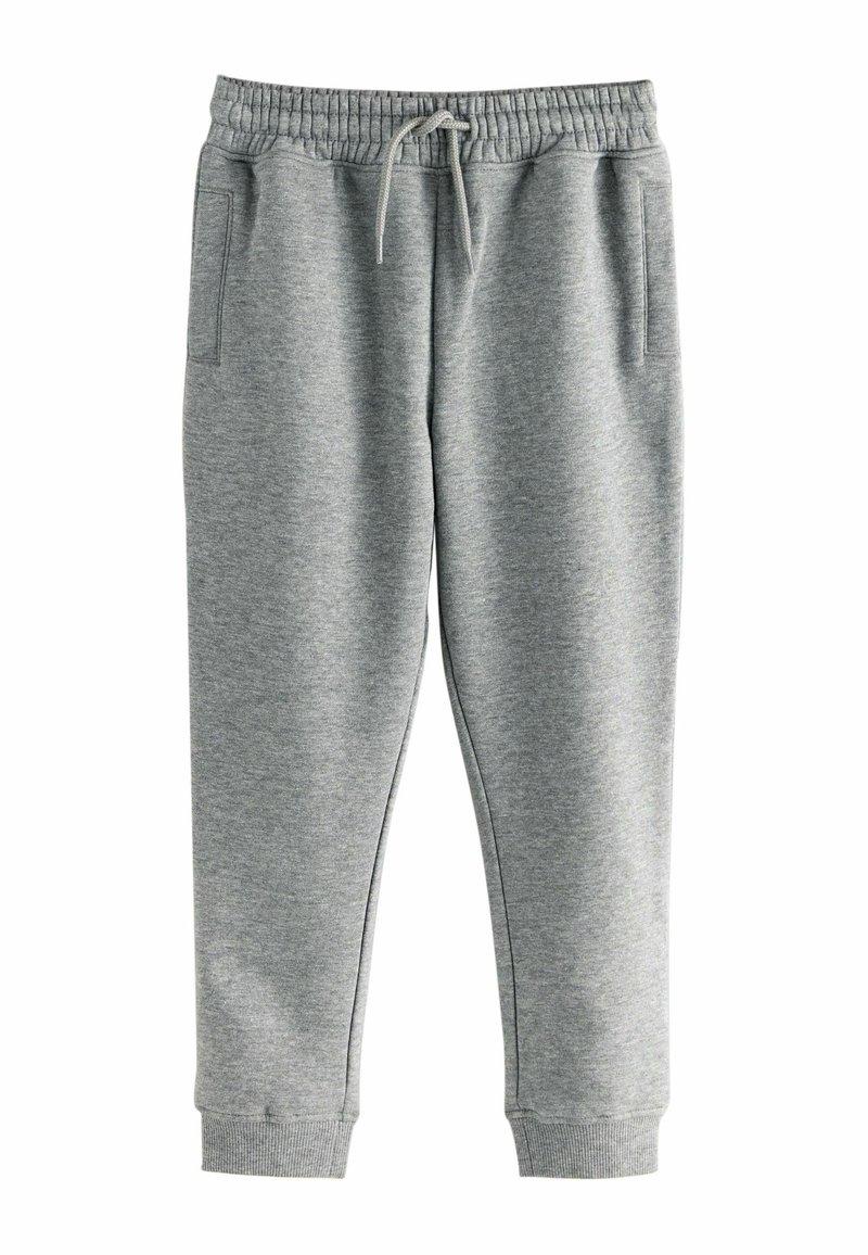 Pantalones de chándal grises hechos de una tela suave, con una cintura elástica con cordón, dos bolsillos laterales y puños de canalé en los tobillos.