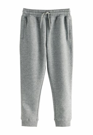 Grå sweatpants lavet af blødt stof, med en elastisk talje med snor, to sidelommer og ribbede manchetter ved anklerne.