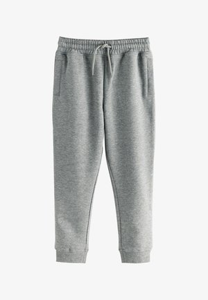 Grå sweatpants lavet af blødt stof, med en elastisk talje med snor, to sidelommer og ribbede manchetter ved anklerne.