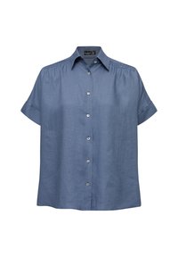 Short-sleeve, button-up shirt in light blue linen with a classic collar, rounded hem, and subtle gathers on shoulders.