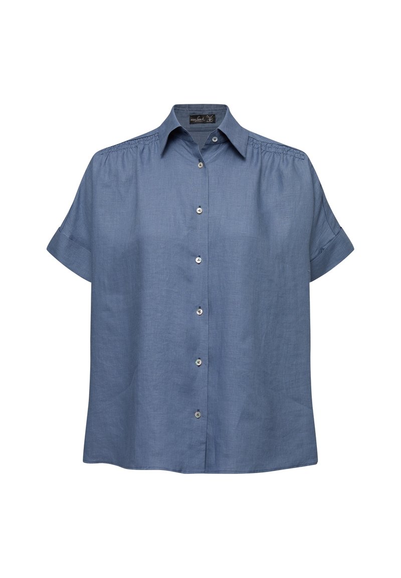 Short-sleeve, button-up shirt in light blue linen with a classic collar, rounded hem, and subtle gathers on shoulders.