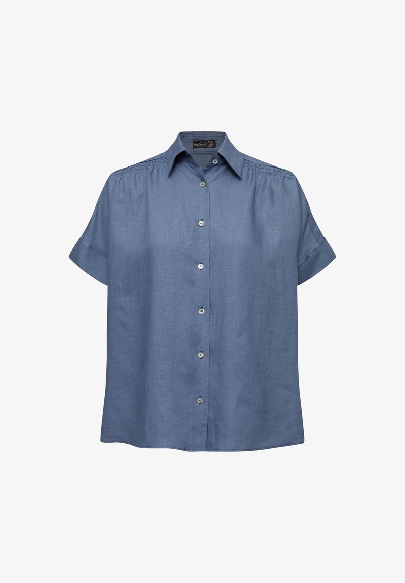 Short-sleeve, button-up shirt in light blue linen with a classic collar, rounded hem, and subtle gathers on shoulders.
