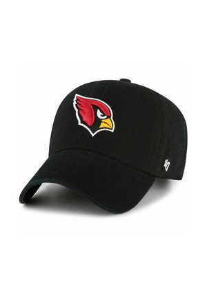 Black baseball cap featuring an embroidered red and yellow cardinal logo on the front; fabric has a smooth texture and curved brim.