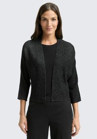 Black knit cardigan with three-quarter sleeves, textured surface, and a subtle metallic sheen. Open front design, mid-length.