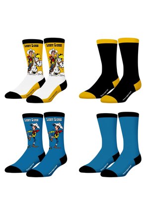 Quatre paires de chaussettes montantes avec des motifs de dessin animé Lucky Luke : blanc/jaune avec cheval, noir/jaune uni, bleu/noir avec cowboy, et uni bleu/noir.