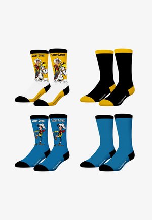 Quatre paires de chaussettes montantes avec des motifs de dessin animé Lucky Luke : blanc/jaune avec cheval, noir/jaune uni, bleu/noir avec cowboy, et uni bleu/noir.