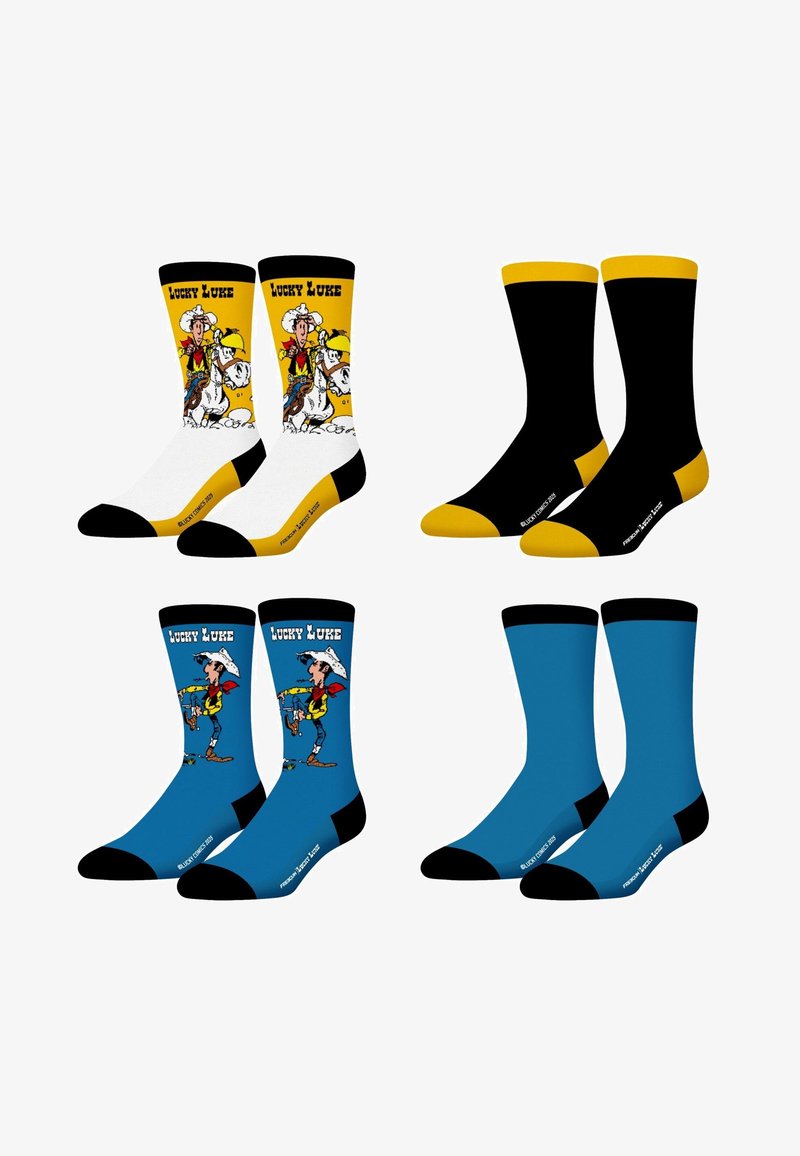 Quatre paires de chaussettes montantes avec des motifs de dessin animé Lucky Luke : blanc/jaune avec cheval, noir/jaune uni, bleu/noir avec cowboy, et uni bleu/noir.