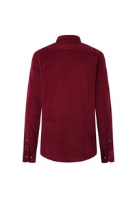 Camicia di velluto a coste color bordeaux con maniche lunghe, colletto e polsini con bottoni. Tessuto liscio e motivo a coste sottile su tutta la superficie.