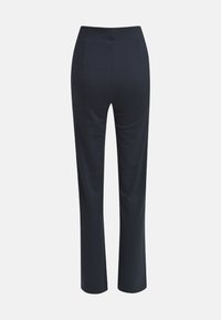 Navy stretch pants with a straight leg design, featuring a smooth texture and two back pockets. No visible fastenings or embellishments.