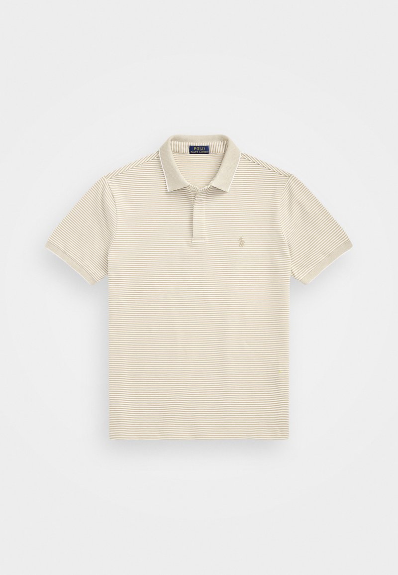 Polo beige avec de fines rayures horizontales. Manches courtes, col côtelé et un petit logo sur la poitrine. Texture douce, en mélange de coton.