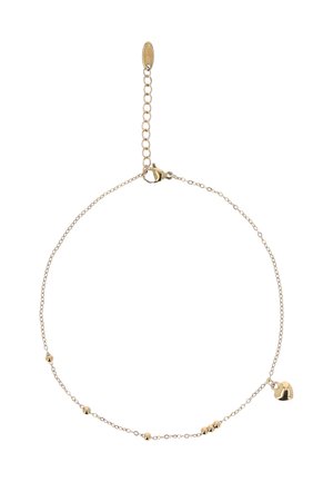 Brățară delicată din lanț de aur cu mărgele rotunde mici și un charm în formă de inimă, închizătoare reglabilă cu lanț de extensie.