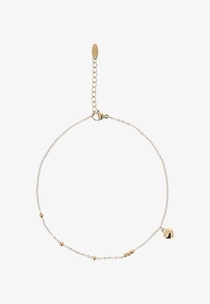 Finom aranylánc karkötő kis kerek gyöngyökkel és egy szív alakú medállal, állítható kapoccsal és hosszabbító lánccal.