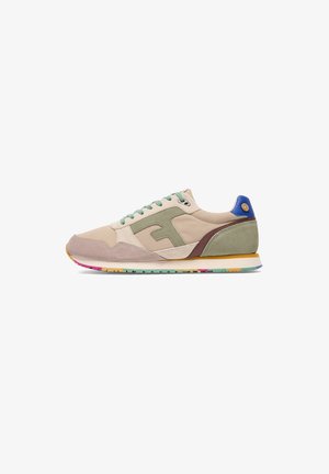 Beige sneakers with green accents, brown and blue detailing. Suede and fabric material, featuring a multicolored sole with a textured finish.