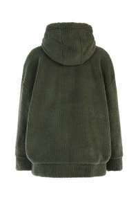 Veste en polaire texturée vert foncé avec capuche, manches longues, et poignets et ourlet côtelés, vue de dos.
