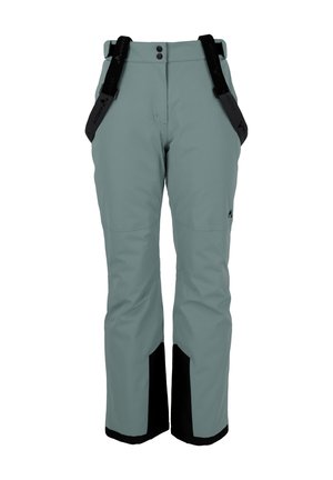 Pantalones de nieve de color gris claro con tirantes negros ajustables, puños reforzados en negro y una textura suave, presentando costuras cosidas en todo su recorrido.
