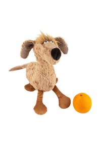 Plush dog toy with a soft, tan body, brown legs, large eyes, and a black nose. Accompanied by a small, textured orange ball.