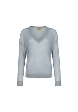 Lyseblå langærmet V-hals sweater med ribbede manchetter og kant, vist mod en hvid baggrund.