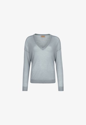 Lyseblå langærmet V-hals sweater med ribbede manchetter og kant, vist mod en hvid baggrund.