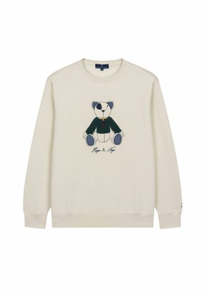 Sudadera crema con un gráfico de un oso de peluche que lleva una camiseta verde, bordado con "Hugo & Hugo" abajo. Material de algodón suave, corte relajado.