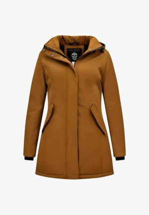 Bruine jas tot taillelengte met capuchon, zijzakken en ritssluiting. Heeft contrasterende zwarte manchetten en een schedellogo op het label.