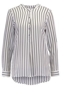 Chemise blanche à manches longues avec des rayures verticales bleu marine, boutonnée sur le devant, ourlet arrondi et manches à revers. Tissu léger et texturé.