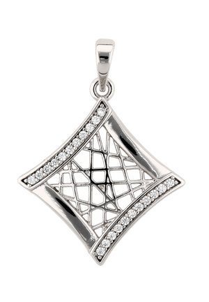 Silberner anhänger in diamantform mit einem gittermuster in der mitte und reihen kleiner klarer Edelsteine an zwei gegenüberliegenden Kanten.
