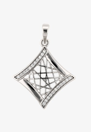 Sølv vedhæng i diamantform med krydslagte gitter i midten og rækker af små klare ædelsten på to modsatte kanter.