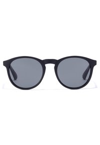 Black sunglasses with round lenses, gray tint, and a matte finish. Features a subtle bridge and slim arms for a minimalistic design.