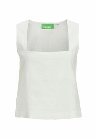 Hvid, ærmeløs top med firkantet halsudskæring lavet af linned. Har et rent design med en grøn etiket indeni. Enkel og minimalistisk stil.