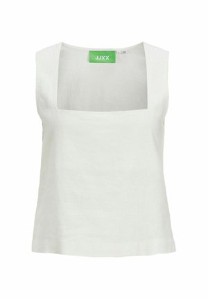 Hvid, ærmeløs top med firkantet halsudskæring lavet af linned. Har et rent design med en grøn etiket indeni. Enkel og minimalistisk stil.