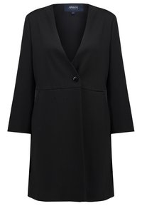 Černý texturovaný svrchní oděv s výstřihem do V, tříčtvrtečními rukávy a jedním knoflíkem v pase. Čistý, moderní silueta.