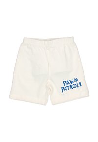 White toddler shorts with elastic waistband and blue "Paw Patrol" text and paw print graphic on the left leg.
