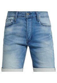 Szorty dżinsowe w jasnoniebieskim kolorze z przetarciami. Posiadają zapięcie na guzik i zamek błyskawiczny, pięć kieszeni oraz wywiniete nogawki.