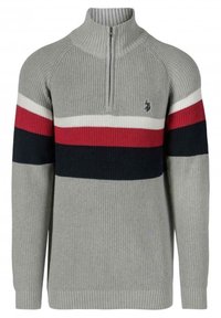 Šedý pletený svetr s půl zipem, se horizontálními pruhy v červené, bílé a tmavě modré barvě. Design s vroubkovanými manžetami a límcem.