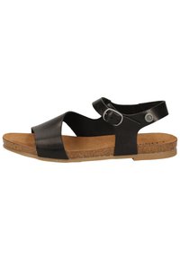 Sandal in pelle nera con due ampie cinghie, cinturino regolabile alla caviglia con fibbia, soletta in sughero e suola in gomma.