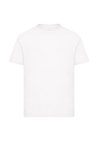 White cotton T-shirt, short sleeves, crew neck, solid color, no patterns or graphics, smooth texture, standard fit.
