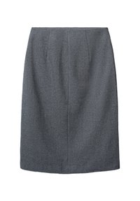 Jupe grise longueur genoux en tissu texturé avec une coupe droite. Présente des plis subtils à l'avant et une ceinture pour un look ajusté.