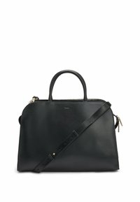 Borsa a tracolla nera in pelle con un design strutturato, doppi manici superiori e una tracolla removibile. Presenta una chiusura con zip e un branding discreto.