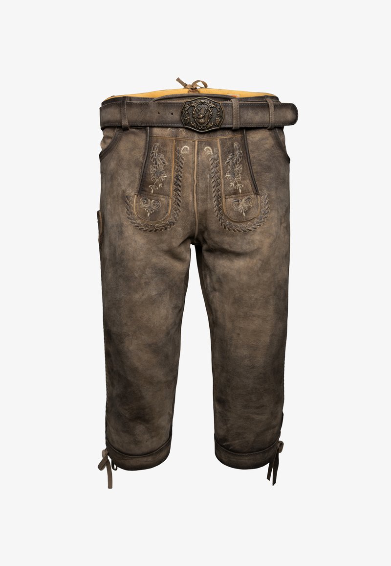 Kožené lederhosen, hnědé, s vyšívanými vzory, do délky kolen, se zdobným páskem a šňůrkami na manžetách. Texturovaný materiál.