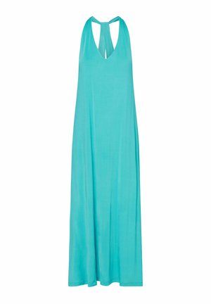 Haljina na bretele u dužini do poda, tirkizne boje, bez rukava, s halter izrezom i rupicom na leđima.