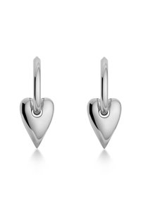 Sterling silver heart-shaped earrings with a polished finish and a hinged clasp. Each earring features a smooth, symmetrical design.