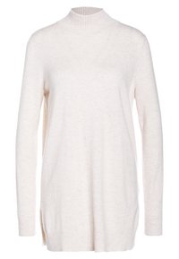 Pull crème léger avec un col montant, des manches longues, un ourlet côtelé et des fentes sur les côtés, fabriqué en matériau doux avec une texture subtile.