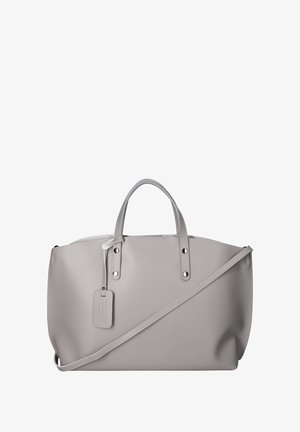 Gray leather tote bag with two short handles, a detachable shoulder strap, and a hanging tag. Features smooth texture and minimalist design.