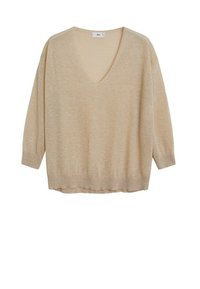 Beige, lightweight knit sweater with a deep V-neck, three-quarter sleeves, and a relaxed fit. Soft texture with a subtle sheen.