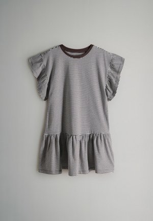 Rochie cu dungi, mâneci scurte, alb-negru, cu mâneci volanate, decolteu rotund și tiv evazat adunat. Textură moale a materialului.