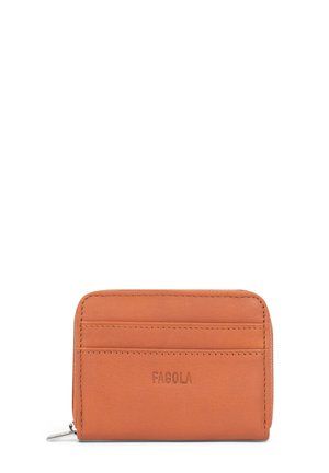 Portefeuille en cuir marron clair avec fermeture éclair tout autour, emplacements pour cartes à l'avant et nom de marque embossé "FAGOLA".
